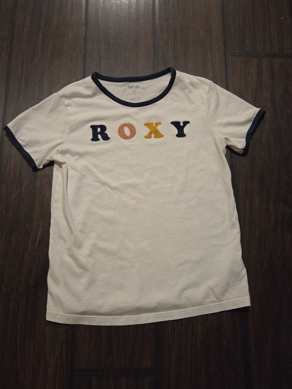Roxy White Ringer Tee with Navy and Mustard Lettering, Girls